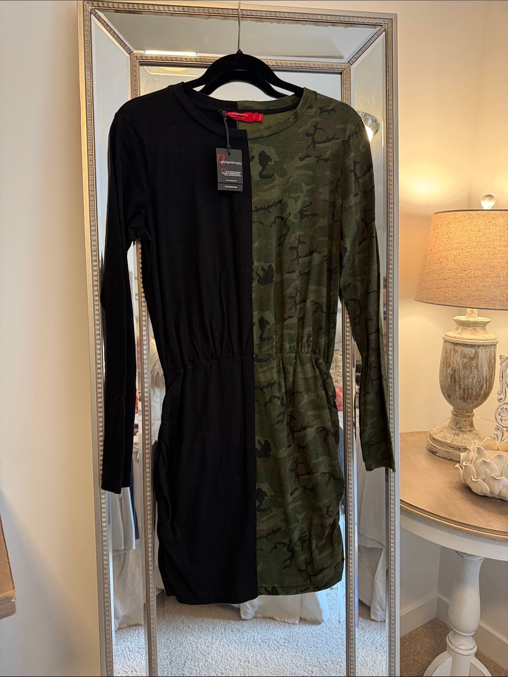 Women's Two-Tone Black and Olive Camo Long Sleeve Mini Dress